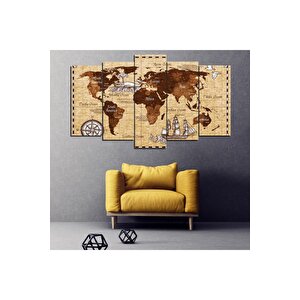 5 Parça  Dünya Haritası Bej Mdf Tablo - 5mdf-1051 / 100x60