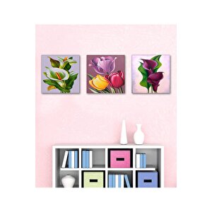 3 Parça Renkli Lale Ve Gelin Çiçeği Mdf Tablo  - 3mdf-366 / 30x30
