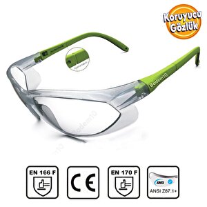 İş Güvenlik Gözlüğü Kulak Ayarlı Rüzgar Toz Koruyucu Göz Koruma Gözlüğü Şeffaf Yeşil Saplı S900 (12 Adet)