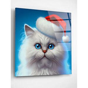 Noel Şapkalı Kedi Cam Tablo, Dekoratif Cam Tablo 40x40 cm