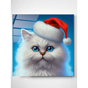 Noel Şapkalı Kedi Cam Tablo, Dekoratif Cam Tablo 40x40 cm