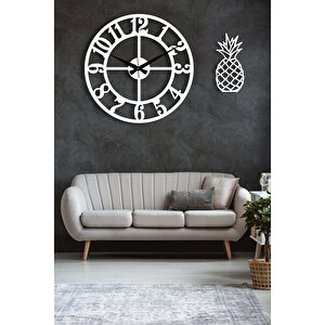 Dekoratif Beyaz Duvar Saati 48x48cm + Ananaslı Tablo
