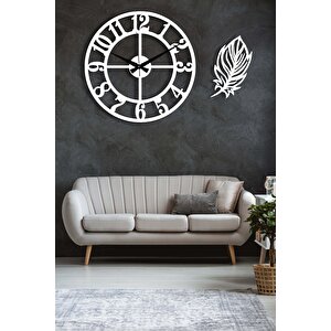 Dekoratif Beyaz Duvar Saati 48x48cm + Yapraklı Tablo