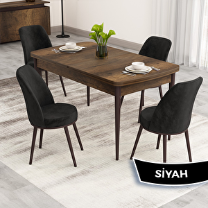 Nix Serisi Açılabilir 70x114 Barok Ahşap Desen Mutfak Masası Takımı Ve 4 Siyah Sandalye Siyah