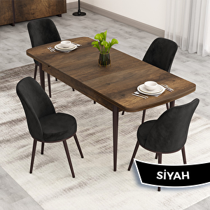 Nix Serisi Açılabilir 70x114 Barok Ahşap Desen Mutfak Masası Takımı Ve 4 Siyah Sandalye Siyah