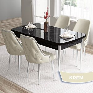 Tia Serisi Açılabilir 80x132 Siyah Mermer Desen Mdf Mutfak Masası Takımı Ve 4 Krem Sandalye Gümüş Detay Krem