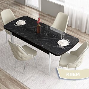 Tia Serisi Açılabilir 80x132 Siyah Mermer Desen Mdf Mutfak Masası Takımı Ve 4 Krem Sandalye Gümüş Detay Krem