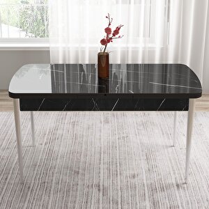 Tia Serisi Açılabilir 80x132 Siyah Mermer Desen Mdf Mutfak Masası Takımı Ve 4 Krem Sandalye Gümüş Detay Krem