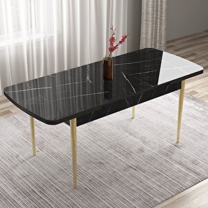 Tia Serisi Açılabilir 80x132 Siyah Mermer Desen Mdf Mutfak Masası Takımı Ve 6 Siyah Sandalye Gold Detay