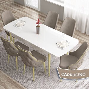 Tia Serisi Açılabilir 80x132 Beyaz Mdf Mutfak Masası Takımı Ve 6 Cappucino Sandalye Gold Detay Cappucino