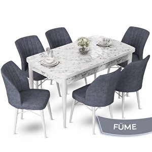 Fer Serisi 70x114 Açılabilir Beyaz Mermer Desen Masa Takımı Ve 6 Füme Sandalye Füme