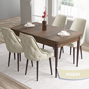 Tia Serisi Açılabilir 80x132 Barok Ahşap Desen Mdf Mutfak Masası Takımı Ve 4 Krem Sandalye Gold Detay Krem