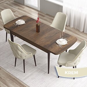 Tia Serisi Açılabilir 80x132 Barok Ahşap Desen Mdf Mutfak Masası Takımı Ve 4 Krem Sandalye Gold Detay Krem