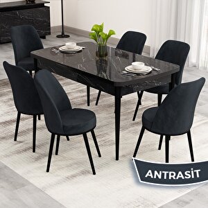 Nix Serisi Açılabilir 70x114 Siyah Mermer Desen Mutfak Masası Takımı Ve 6 Antrasit Sandalye Antrasit