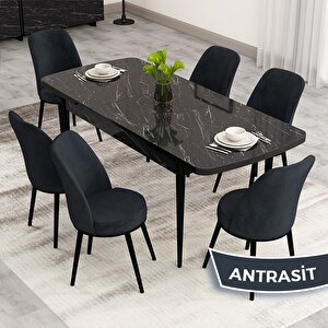 Nix Serisi Açılabilir 70x114 Siyah Mermer Desen Mutfak Masası Takımı Ve 6 Antrasit Sandalye Antrasit