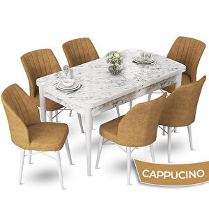 Fer Serisi 70x114 Açılabilir Beyaz Mermer Desen Masa Takımı Ve 6 Cappucino Sandalye Cappucino