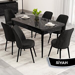 Nix Serisi Açılabilir 70x114 Siyah Mermer Desen Mutfak Masası Takımı Ve 6 Siyah Sandalye Siyah