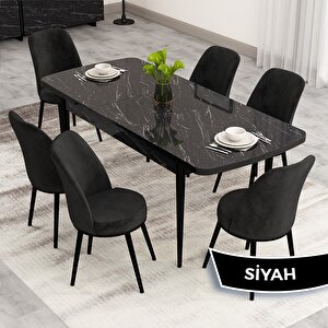 Nix Serisi Açılabilir 70x114 Siyah Mermer Desen Mutfak Masası Takımı Ve 6 Siyah Sandalye Siyah