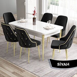 Tia Serisi Açılabilir 80x132 Beyaz Mdf Mutfak Masası Takımı Ve 6 Siyah Sandalye Gold Detay Siyah