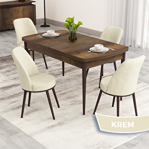 Nix Serisi Açılabilir 70x114 Barok Ahşap Desen Mutfak Masası Takımı Ve 4 Krem Sandalye Krem
