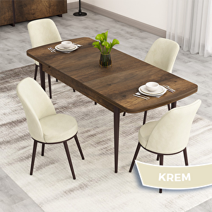 Nix Serisi Açılabilir 70x114 Barok Ahşap Desen Mutfak Masası Takımı Ve 4 Krem Sandalye Krem