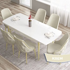 Tia Serisi Açılabilir 80x132 Beyaz Mdf Mutfak Masası Takımı Ve 6 Krem Sandalye Gold Detay Krem