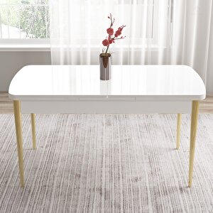 Tia Serisi Açılabilir 80x132 Beyaz Mdf Mutfak Masası Takımı Ve 6 Krem Sandalye Gold Detay Krem