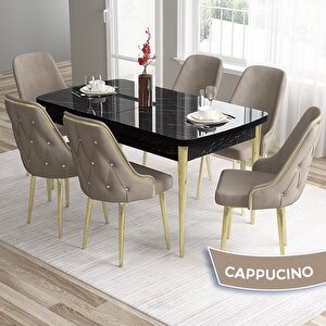 Tia Serisi Açılabilir 80x132 Siyah Mermer Desen Mdf Mutfak Masası Takımı Ve 6 Cappucino Sandalye Gold Detay Cappucino