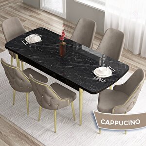 Tia Serisi Açılabilir 80x132 Siyah Mermer Desen Mdf Mutfak Masası Takımı Ve 6 Cappucino Sandalye Gold Detay Cappucino