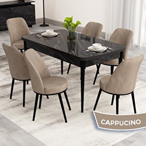 Nix Serisi Açılabilir 70x114 Siyah Mermer Desen Mutfak Masası Takımı Ve 6 Cappucino Sandalye Cappucino