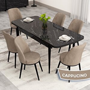 Nix Serisi Açılabilir 70x114 Siyah Mermer Desen Mutfak Masası Takımı Ve 6 Cappucino Sandalye Cappucino