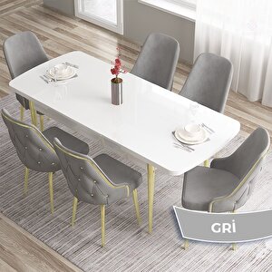 Tia Serisi Açılabilir 80x132 Beyaz Mdf Mutfak Masası Takımı Ve 6 Gri Sandalye Gold Detay Gri
