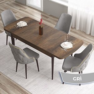 Tia Serisi Açılabilir 80x132 Barok Ahşap Desen Mdf Mutfak Masası Takımı Ve 4 Gri Sandalye Gold Detay Gri