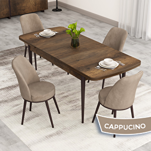 Nix Serisi Açılabilir 70x114 Barok Ahşap Desen Mutfak Masası Takımı Ve 4 Cappucino Sandalye Cappucino