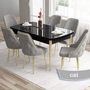 Tia Serisi Açılabilir 80x132 Siyah Mermer Desen Mdf Mutfak Masası Takımı Ve 6 Gri Sandalye Gold Detay Gri