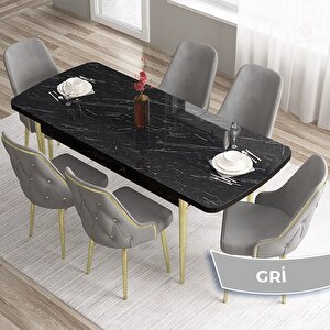 Tia Serisi Açılabilir 80x132 Siyah Mermer Desen Mdf Mutfak Masası Takımı Ve 6 Gri Sandalye Gold Detay Gri