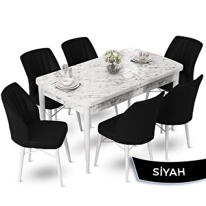 Fer Serisi 70x114 Açılabilir Beyaz Mermer Desen Masa Takımı Ve 6 Siyah Sandalye Siyah