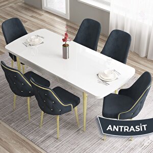 Tia Serisi Açılabilir 80x132 Beyaz Mdf Mutfak Masası Takımı Ve 6 Antrasit Sandalye Gold Detay Antrasit
