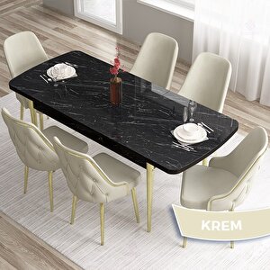 Tia Serisi Açılabilir 80x132 Siyah Mermer Desen Mdf Mutfak Masası Takımı Ve 6 Krem Sandalye Gold Detay Krem