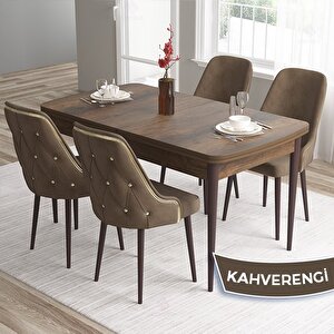 Tia Serisi Açılabilir 80x132 Barok Ahşap Desen Mdf Mutfak Masası Takımı Ve 4 Cappucino Sandalye Gold Detay Cappucino