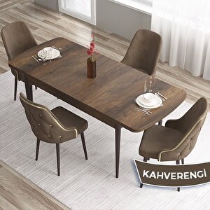 Tia Serisi Açılabilir 80x132 Barok Ahşap Desen Mdf Mutfak Masası Takımı Ve 4 Cappucino Sandalye Gold Detay Cappucino
