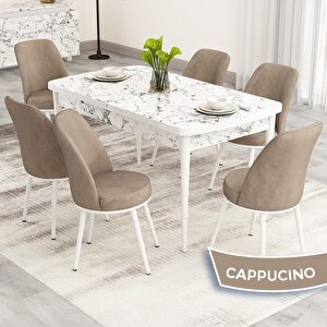 Nix Serisi Açılabilir 70x114 Beyaz Mermer Desen Mutfak Masası Takımı Ve 6 Cappucino Sandalye Cappucino