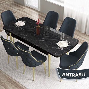 Tia Serisi Açılabilir 80x132 Siyah Mermer Desen Mdf Mutfak Masası Takımı Ve 6 Antrasit Sandalye Gold Detay Antrasit