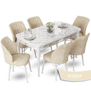 Fer Serisi 70x114 Açılabilir Beyaz Mermer Desen Masa Takımı Ve 6 Krem Sandalye Krem