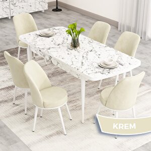 Nix Serisi Açılabilir 70x114 Beyaz Mermer Desen Mutfak Masası Takımı Ve 6 Krem Sandalye Krem