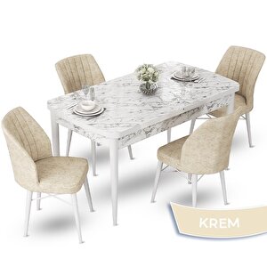 Fer Serisi 70x114 Açılabilir Beyaz Mermer Desen Masa Takımı Ve 4 Krem Sandalye Krem
