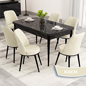 Nix Serisi Açılabilir 70x114 Siyah Mermer Desen Mutfak Masası Takımı Ve 6 Krem Sandalye Krem