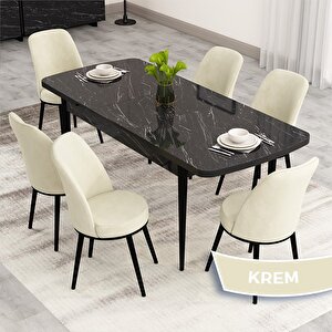Nix Serisi Açılabilir 70x114 Siyah Mermer Desen Mutfak Masası Takımı Ve 6 Krem Sandalye Krem