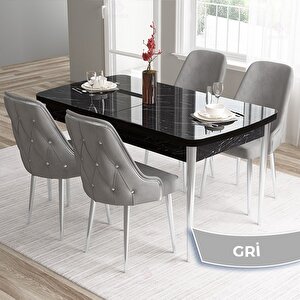 Tia Serisi Açılabilir 80x132 Siyah Mermer Desen Mdf Mutfak Masası Takımı Ve 4 Gri Sandalye Gümüş Detay Gri