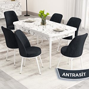 Nix Serisi Açılabilir 70x114 Beyaz Mermer Desen Mutfak Masası Takımı Ve 6 Antrasit Sandalye Antrasit